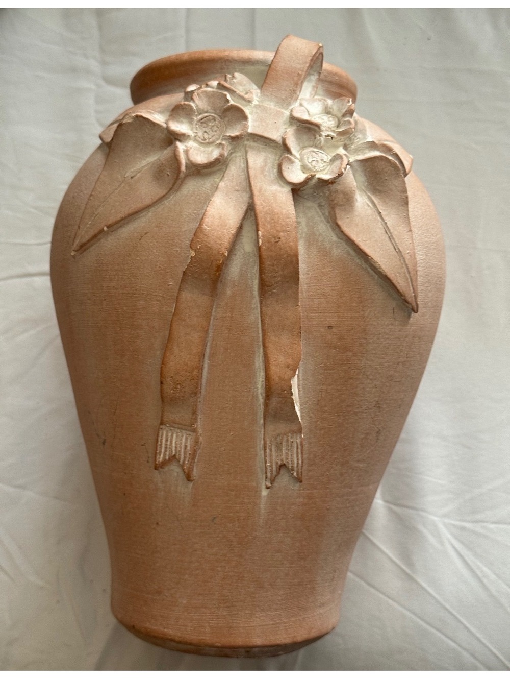 Vintage Terracotta Relief Vase – Detailed Floral & Ribbon 1990s Rustic Accent
